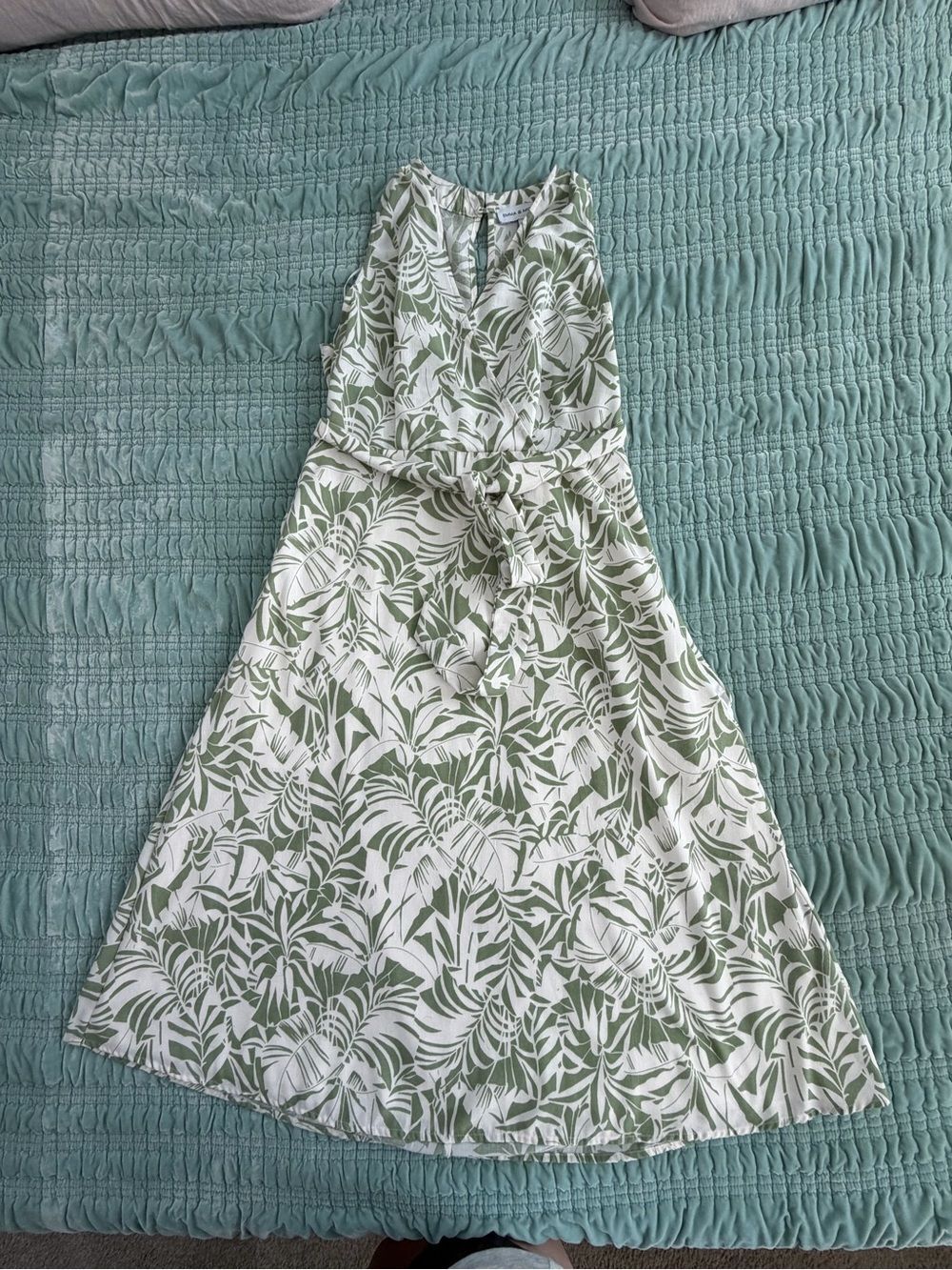 Emma & Michele Green and White Tropical Midi Dress-Large